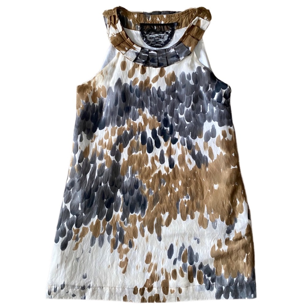 Sleeveless A-Line Dress with Pleated Collar, Pockets & Abstract Pattern